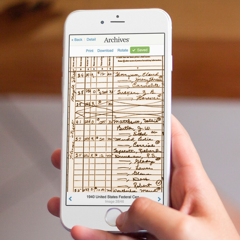 Person viewing an old record using a mobile version of the Archives.com image viewer