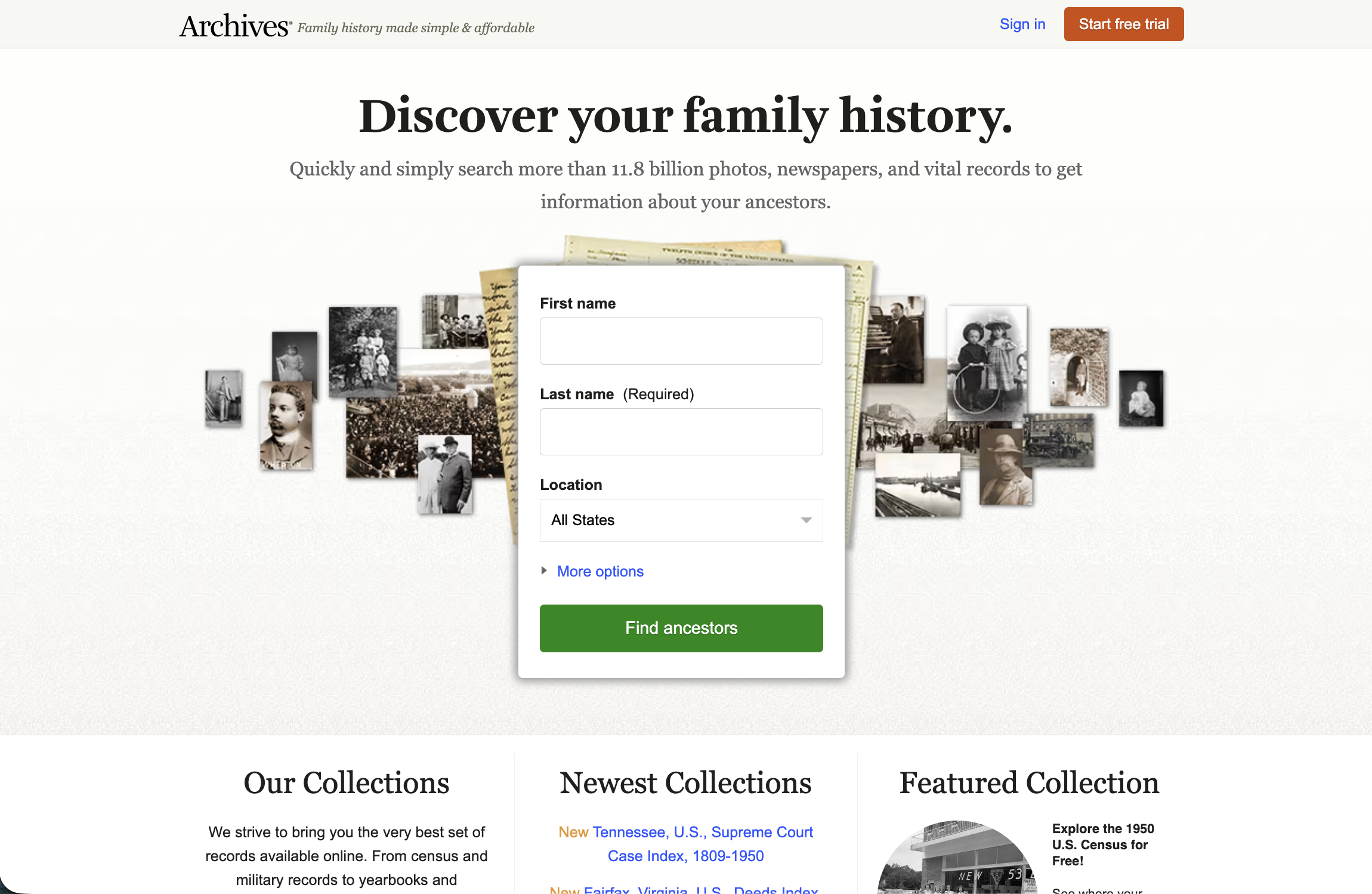 Archives.com homepage — Discover your family history search interface showing name, country, and date fields with the Find ancestors button