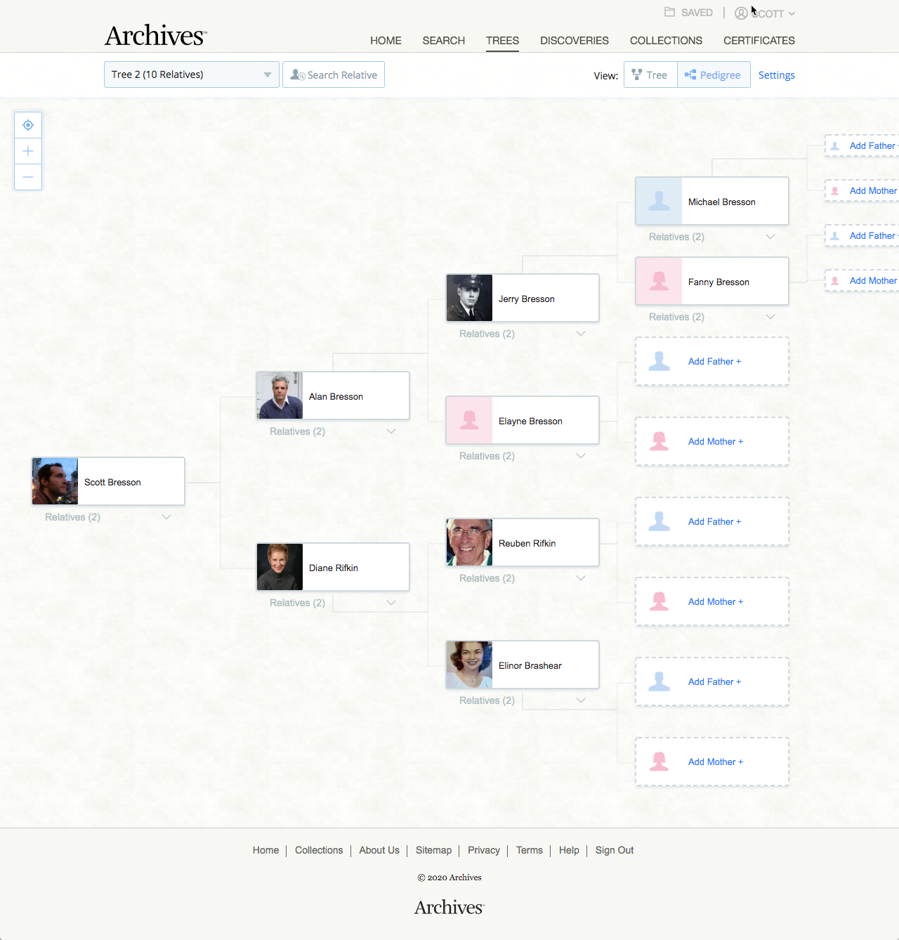 Archives.com family tree — interactive tree view showing the Bresson family across three generations with profile photos, expandable nodes, and Add Father / Add Mother actions on the right panel.