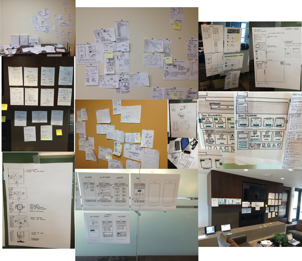 Sketching exercises — multiple boards and cork boards covered in hand-drawn wireframes and interface sketches, showing early-stage ideation artifacts from design sessions