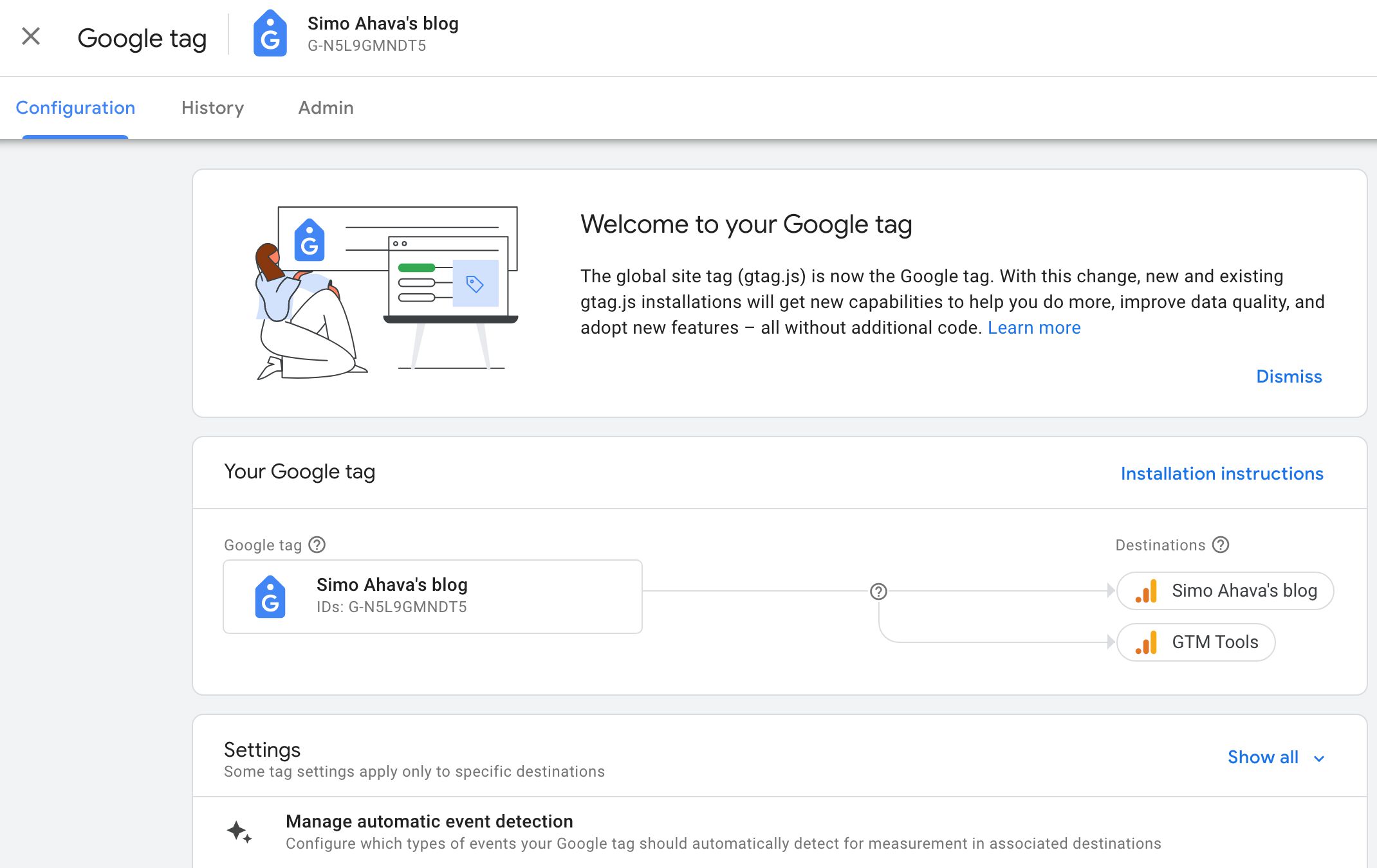 Google Tag configuration interface showing the One Google Tag setup — a unified tagging solution connecting a single tag ID to multiple measurement destinations including Google Analytics and Google Ads.