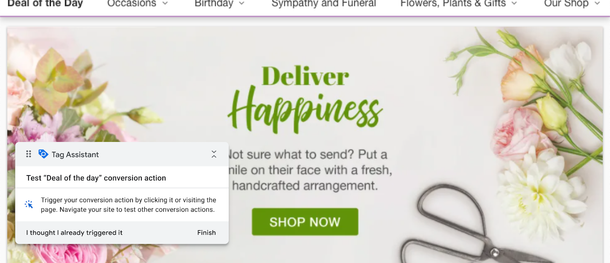 Tag Assistant floating on Jane's Flower Shoppe — the widget appears on the advertiser's own live site to guide them through testing their conversion action