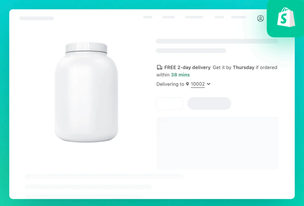 Product page showing Fast Tag — FREE 2-day delivery promise with countdown timer on a Shopify storefront