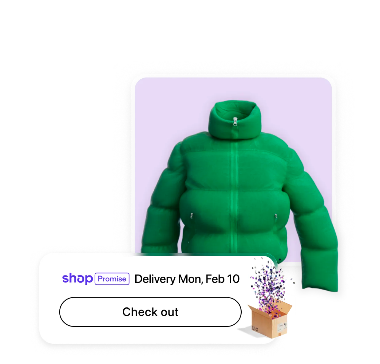 Shop Promise delivery badge on a product page — green jacket with 'Delivery Mon, Feb 10' and checkout button