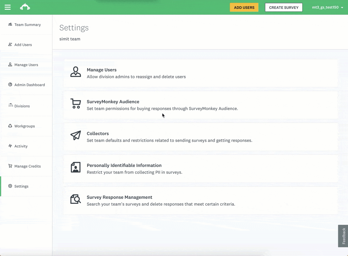 Admin console HTML prototype — Settings page showing responsive navigation with sidebar, section headings for Manage Users, SurveyMonkey Audience, Collectors, PII, and Survey Response Management
