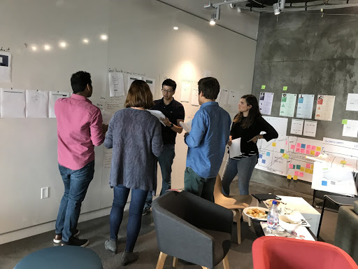 Cross-functional design workshop — team of five gathered around a whiteboard covered in sketches and sticky notes, reviewing and discussing design work together