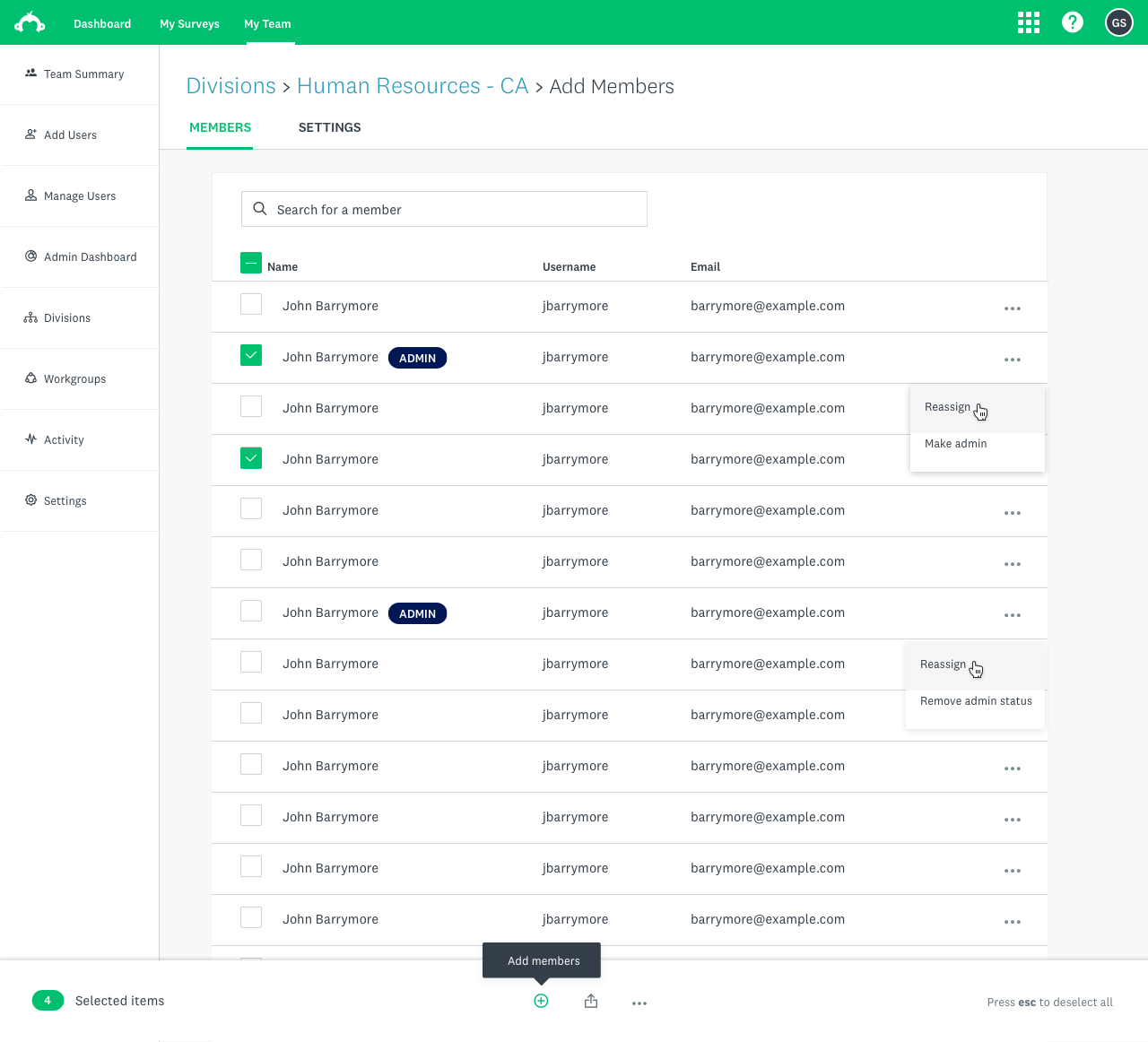 Divisions — Human Resources CA division member management showing a list of users with checkboxes, admin badges, and overflow actions for reassign and make admin. Bulk action bar at bottom showing 4 selected items.