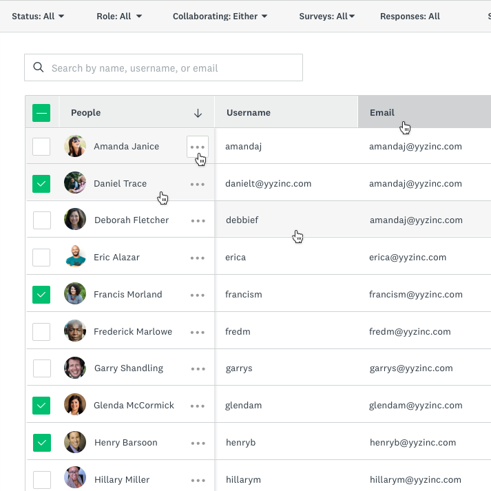 SurveyMonkey people management interface showing a user table with avatars, names, usernames, and email addresses with filter controls.