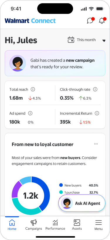 Marty on mobile — AI agent proactively notifying advertiser of a new campaign ready for review