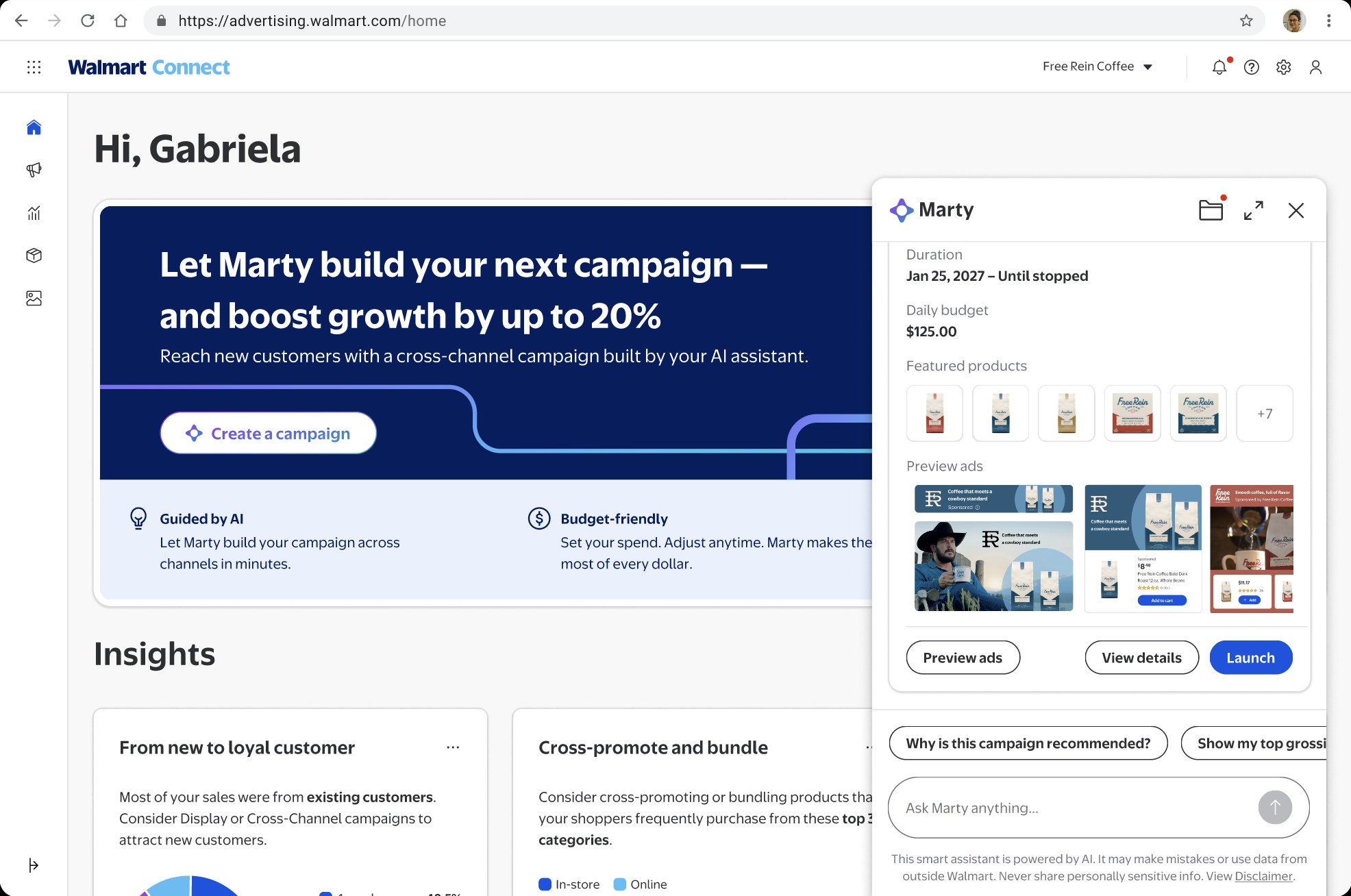 Walmart Connect advertiser platform — Marty AI assistant panel open alongside the campaign creation homepage, showing recommended campaign details, featured products, and ad previews. The Insights section displays customer journey and cross-promotion cards below.