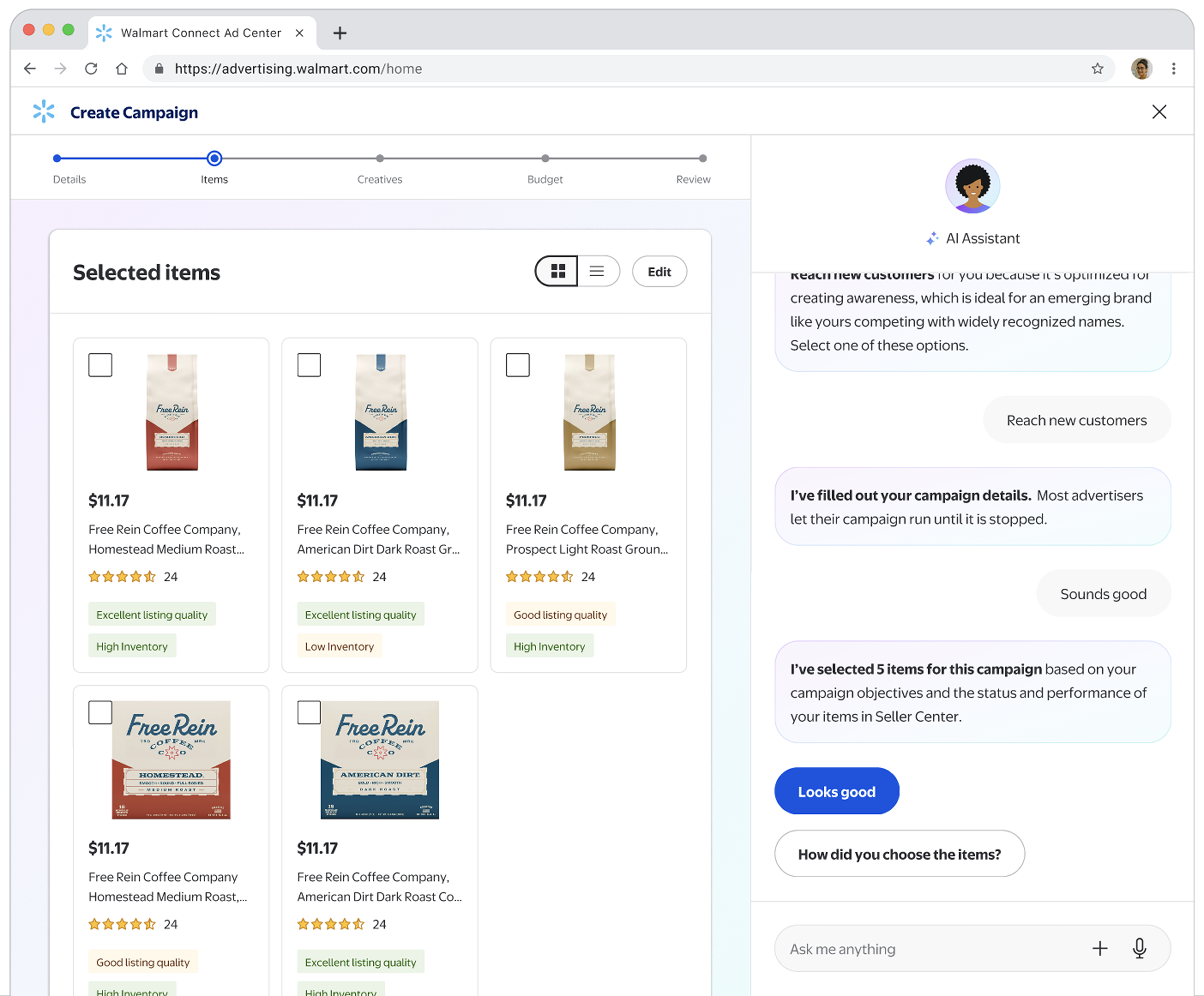 Marty explaining its item selection choices in the campaign creation flow
